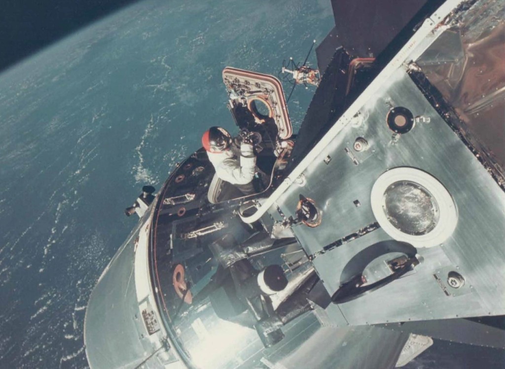 vintage photo of nasa astronaut conducting a space walk in the 1960s